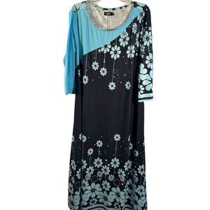 R&B Collection Women’s Floral Maxi Dress 2X Black Aqua Blue Long Sleeve
